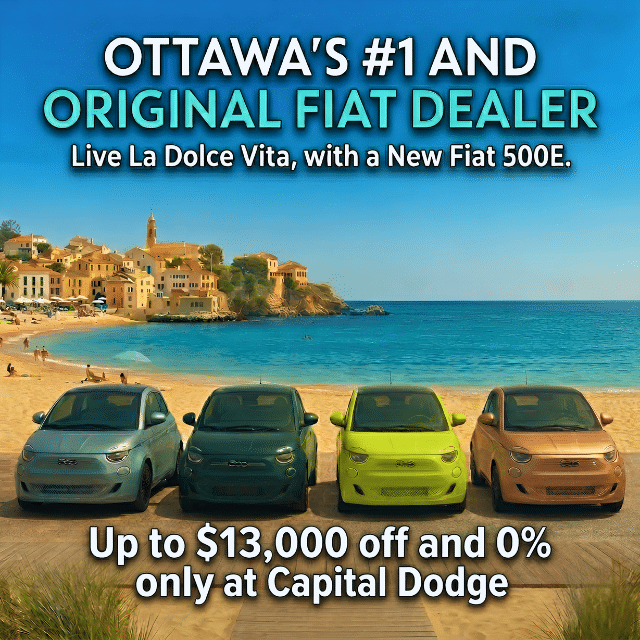 Ottawa's top Fiat dealer offers up to $13,000 off and 0% financing, showcasing various Fiat models.