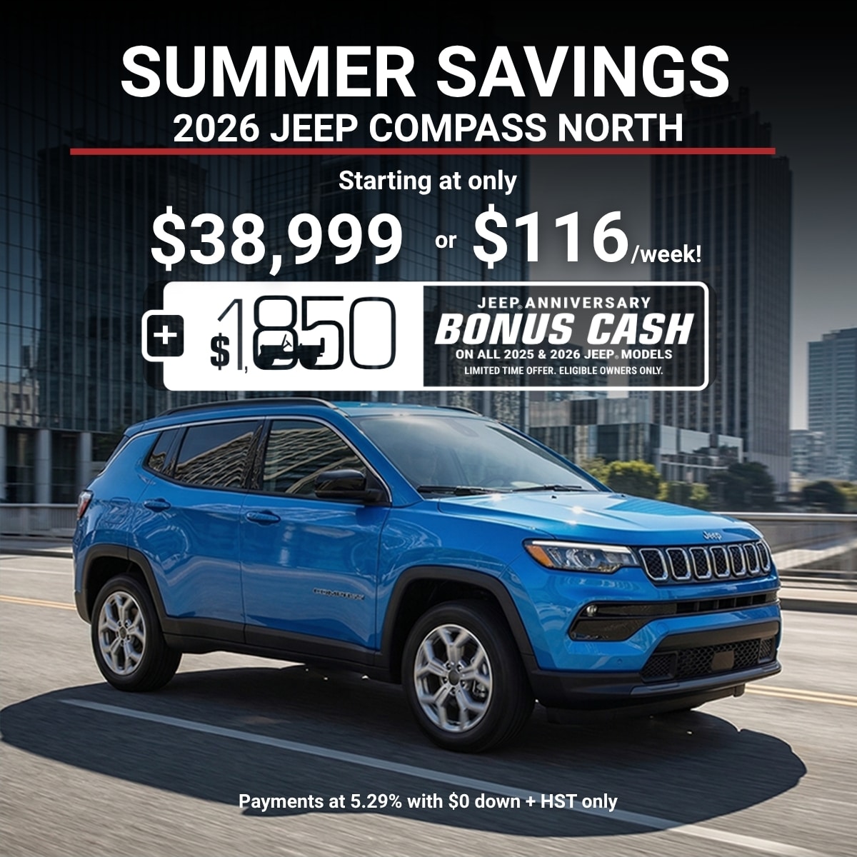 Blue 2026 Jeep Compass North promotional ad offering summer savings starting at $38,999 or $116/week.