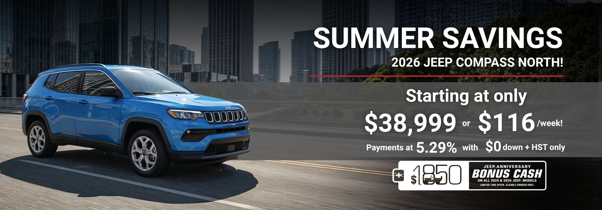 Blue 2026 Jeep Compass North with summer savings offer starting at $38,999 or $116/week, and 5.29% financing.