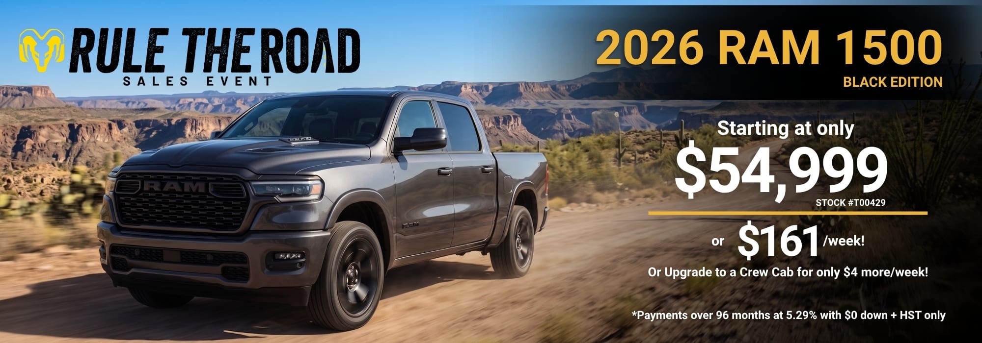 2026 RAM 1500 Black Edition truck ad with pricing details starting at $54,999, or $161 weekly.