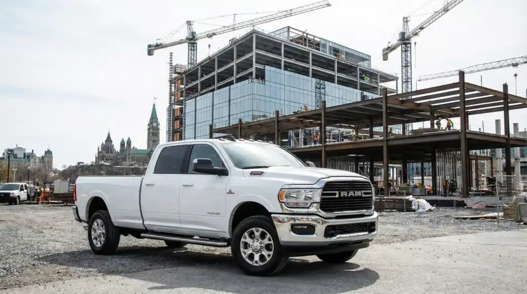 White RAM 2500 truck parked at a construction site with cranes and a modern building in progress.