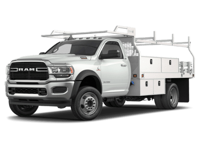 White RAM utility truck with tool compartments and ladder rack, viewed from the side.