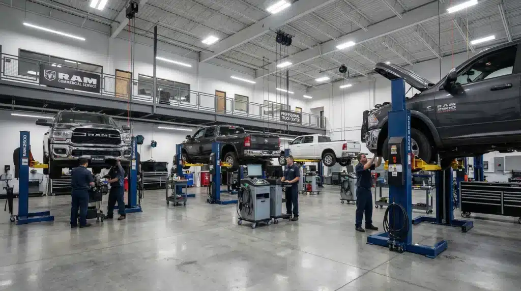 Mechanics servicing RAM trucks on lifts in a spacious professional service center.