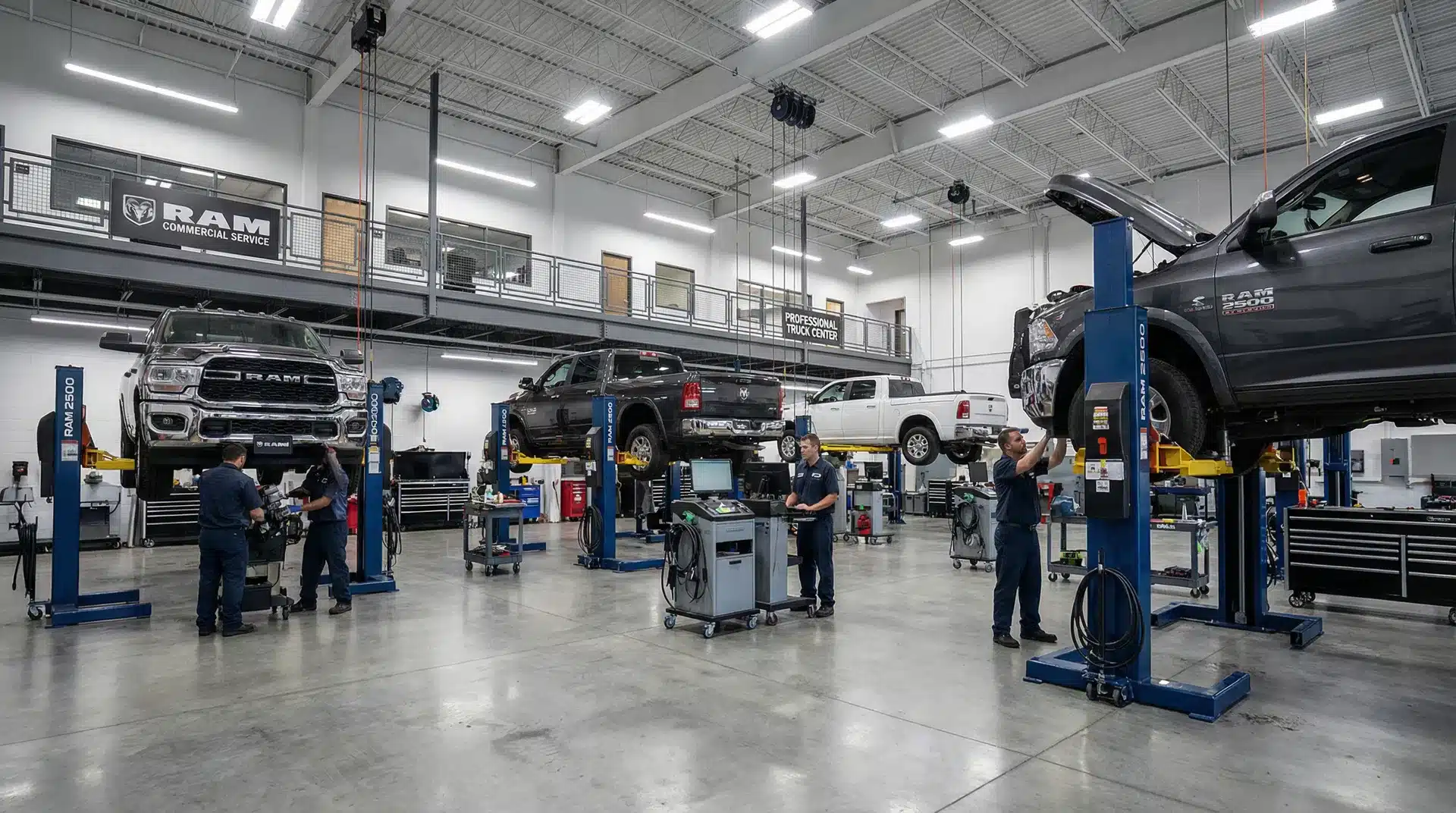 Mechanics servicing RAM trucks on lifts in a spacious professional service center.