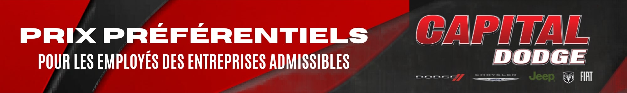 Discount offers for eligible company employees at Capital Dodge, featuring Dodge, Chrysler, Jeep, Ram, Fiat logos.
