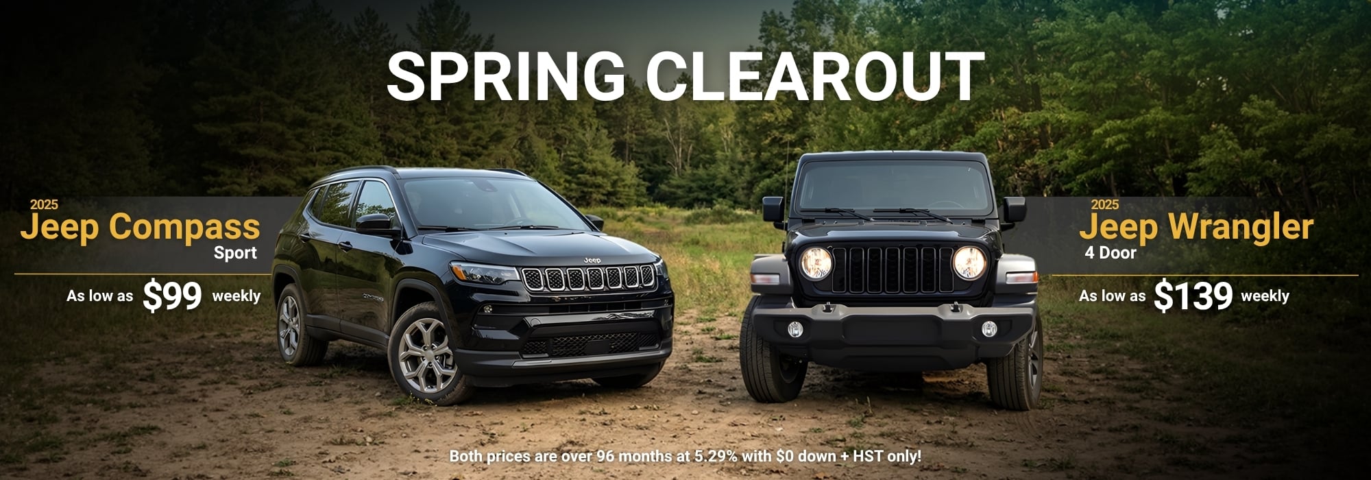 2025 Jeep Compass Sport and Wrangler 4 Door on display for a spring clearout. Prices from $99 and $139 weekly.