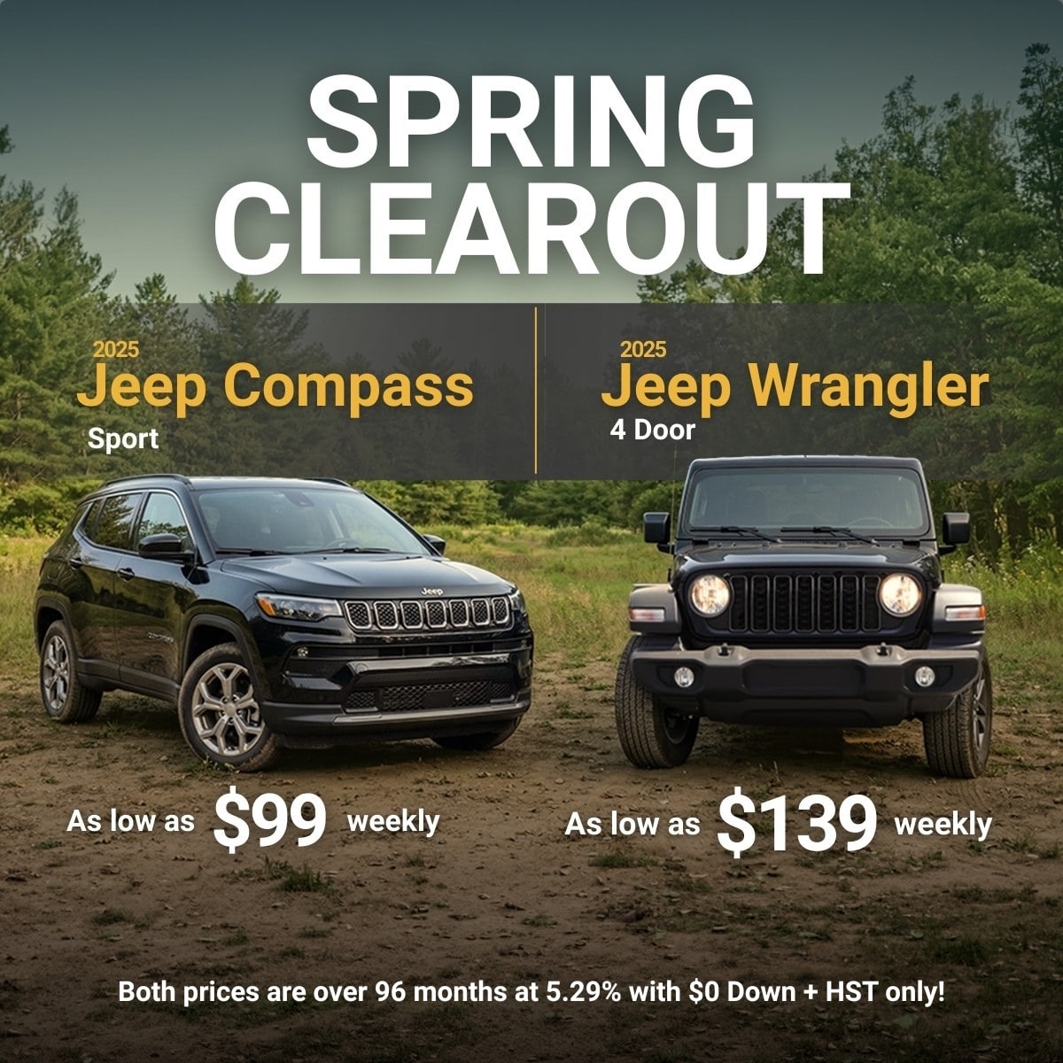 Spring Clearout ad for 2025 Jeep Compass and Wrangler with weekly rates starting at $99 and $139.