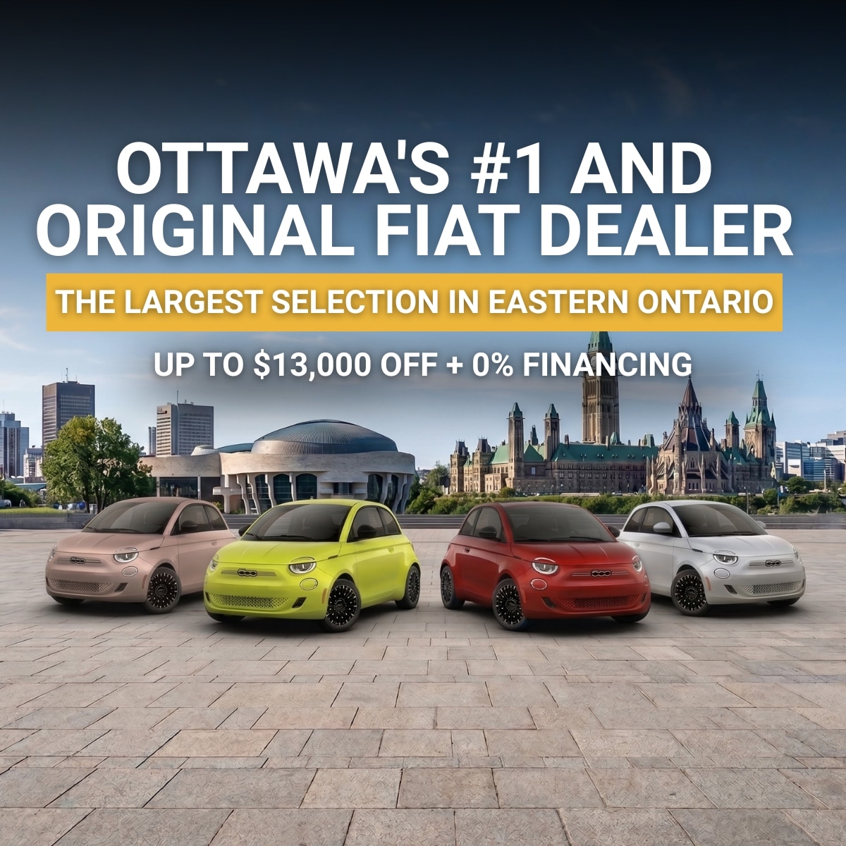 Ottawa's top Fiat dealer offers up to $13,000 off and 0% financing, showcasing various Fiat models.