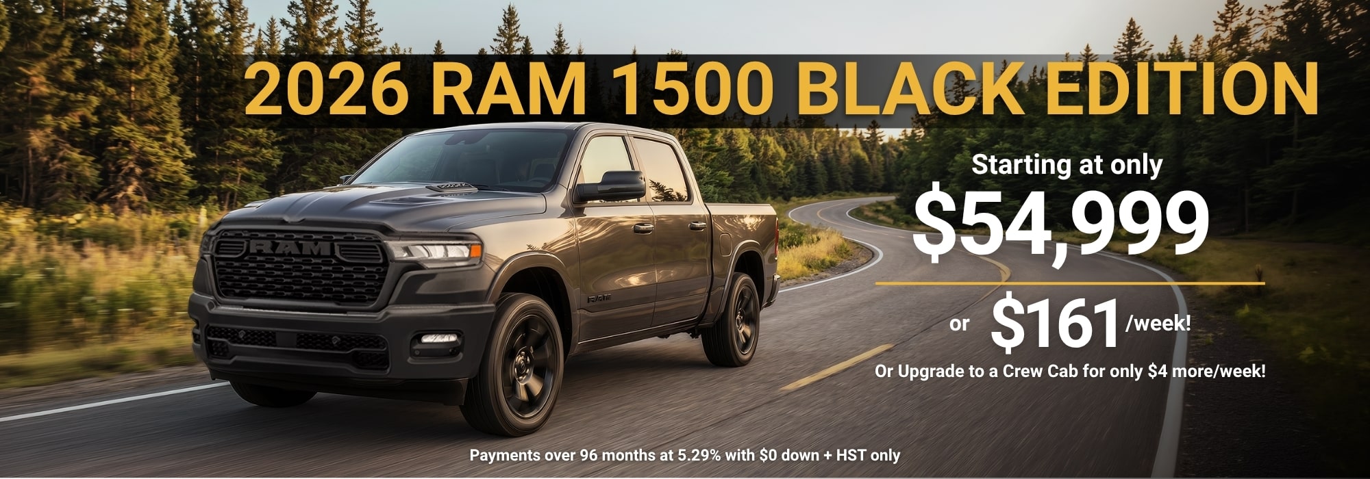 2026 RAM 1500 Black Edition truck ad with pricing details starting at $54,999, or $161 weekly.