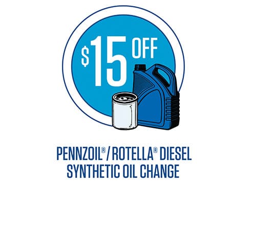Promotional offer for $15 off Pennzoil or Rotella diesel synthetic oil change.