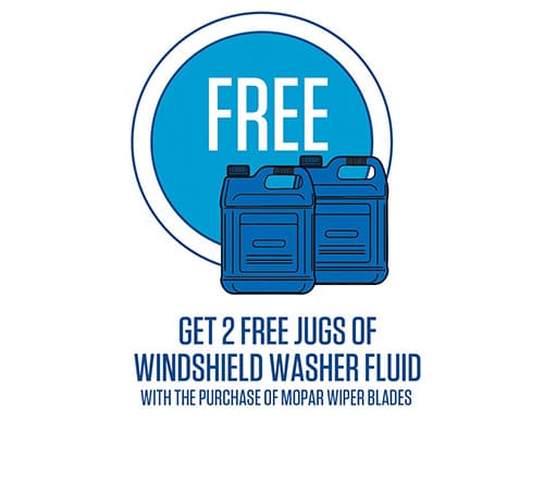Special offer to get 2 free jugs of windshield washer fluid with the purchase of Mopar wiper blades.