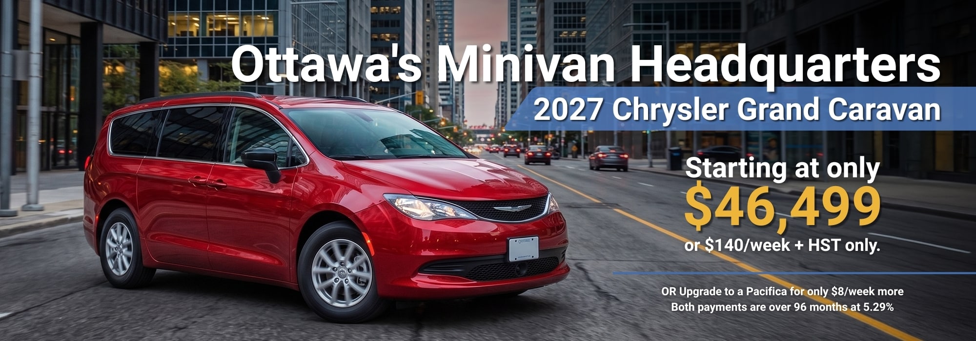 Red 2027 Chrysler Grand Caravan in city; price starts at $46,499 or $140/week plus HST.