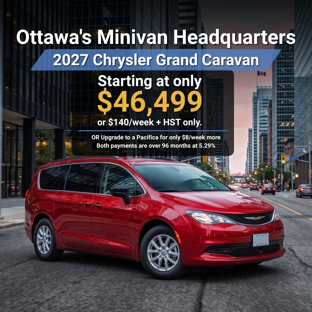 Red 2027 Chrysler Grand Caravan on city street, priced at $46,499 from Ottawa's Minivan Headquarters.