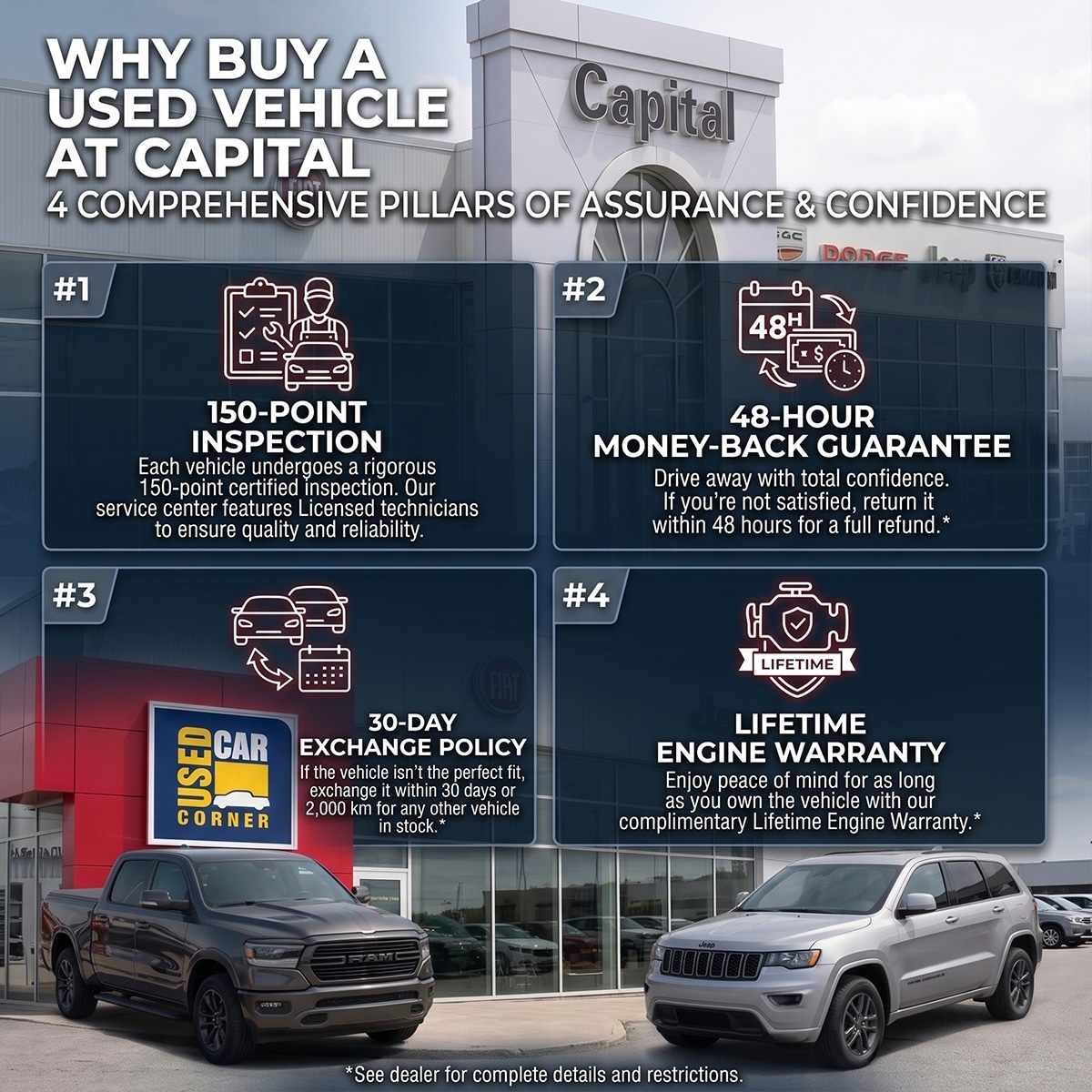 Used vehicle dealership ad highlighting 150-point inspection, 48-hour guarantee, 30-day exchange, and lifetime warranty.