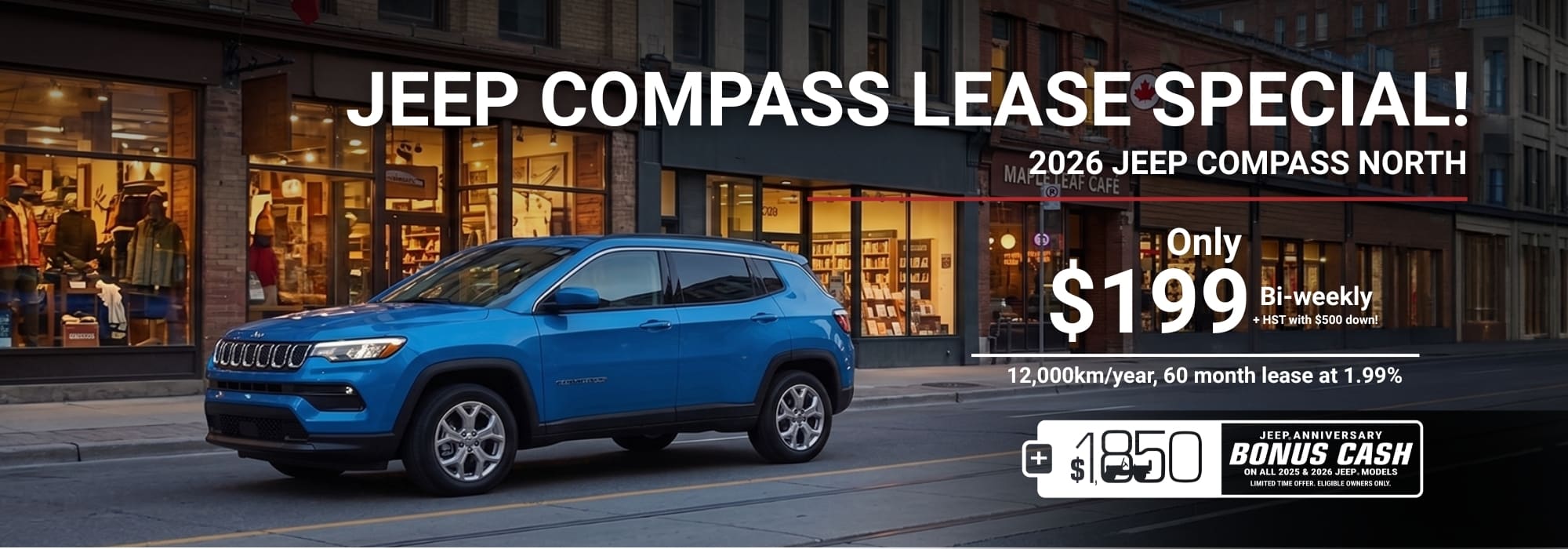 2026 Jeep Compass North lease offer: $199 bi-weekly, 12,000 km/year, 60 months at 1.99% APR.