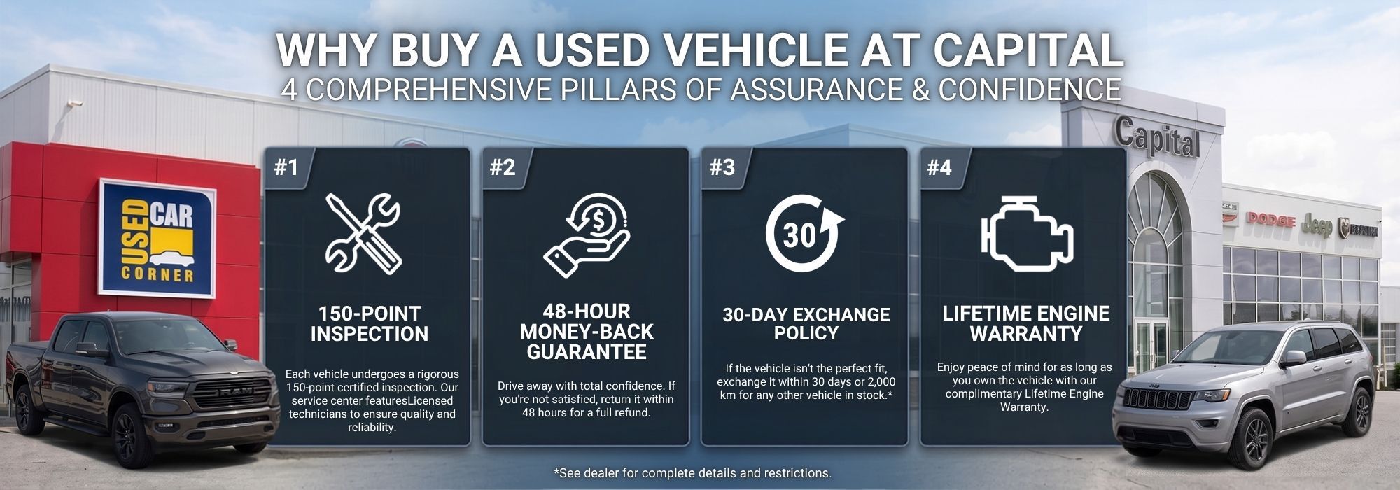 Used car dealership offering 150-point inspections, 48-hour returns, 30-day exchange, and lifetime engine warranty.