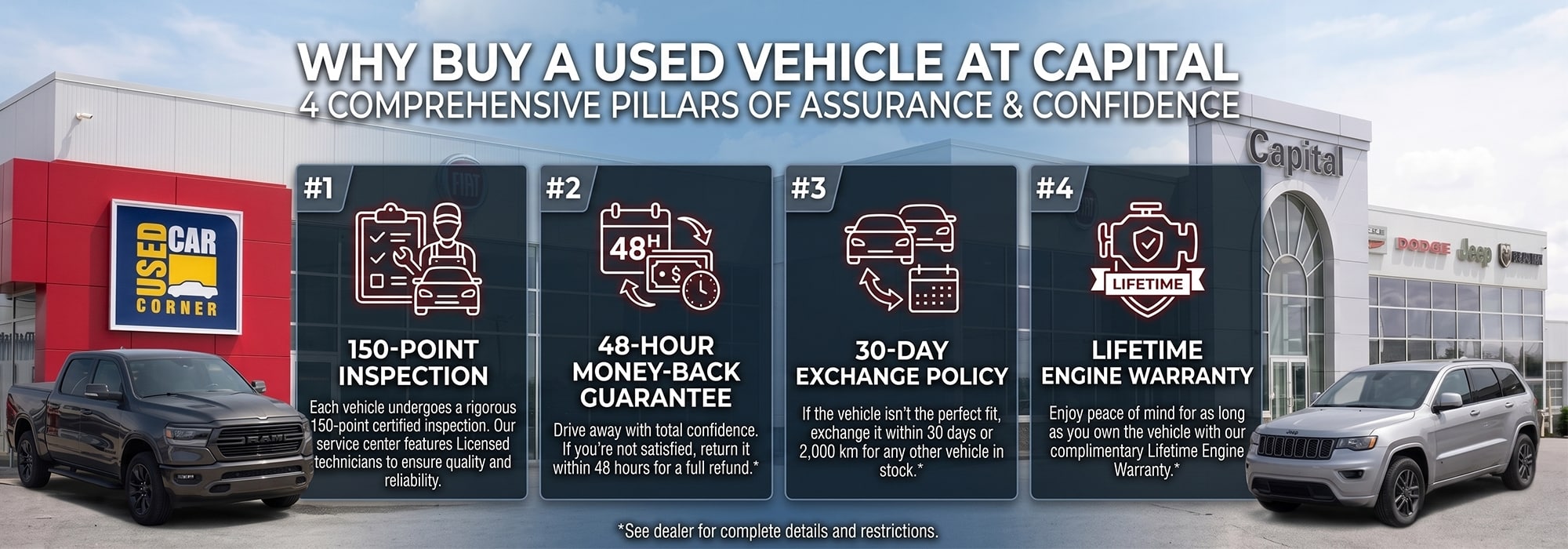 Used car dealership offers 150-point inspection, 48-hour money-back, 30-day exchange, lifetime warranty.