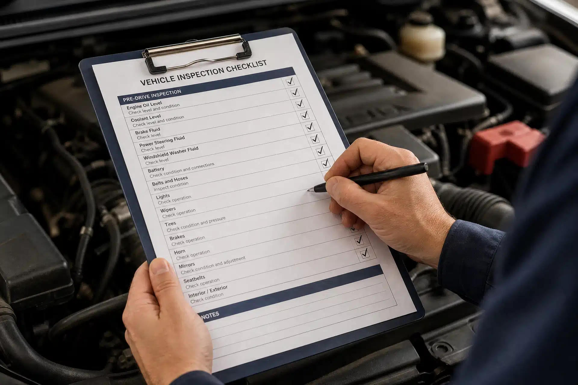 Person checking items on a vehicle inspection checklist next to a car engine.