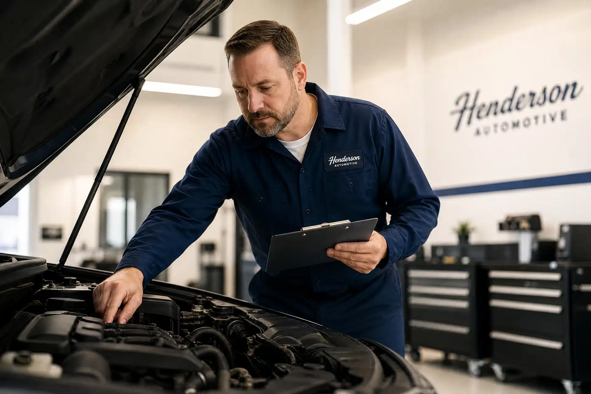 Mechanic inspecting car engine with clipboard at Henderson Automotive garage.