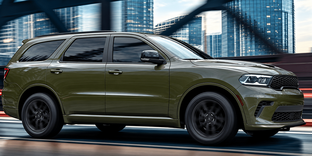 Green SUV driving on a city road with skyscrapers in the background.