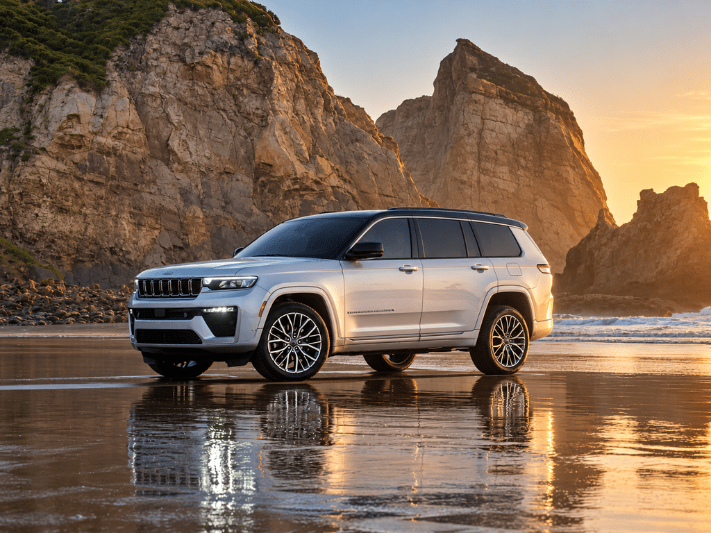 Silver SUV parked on a beach with reflections on wet sand, rocky cliffs, and a sunset in the background.